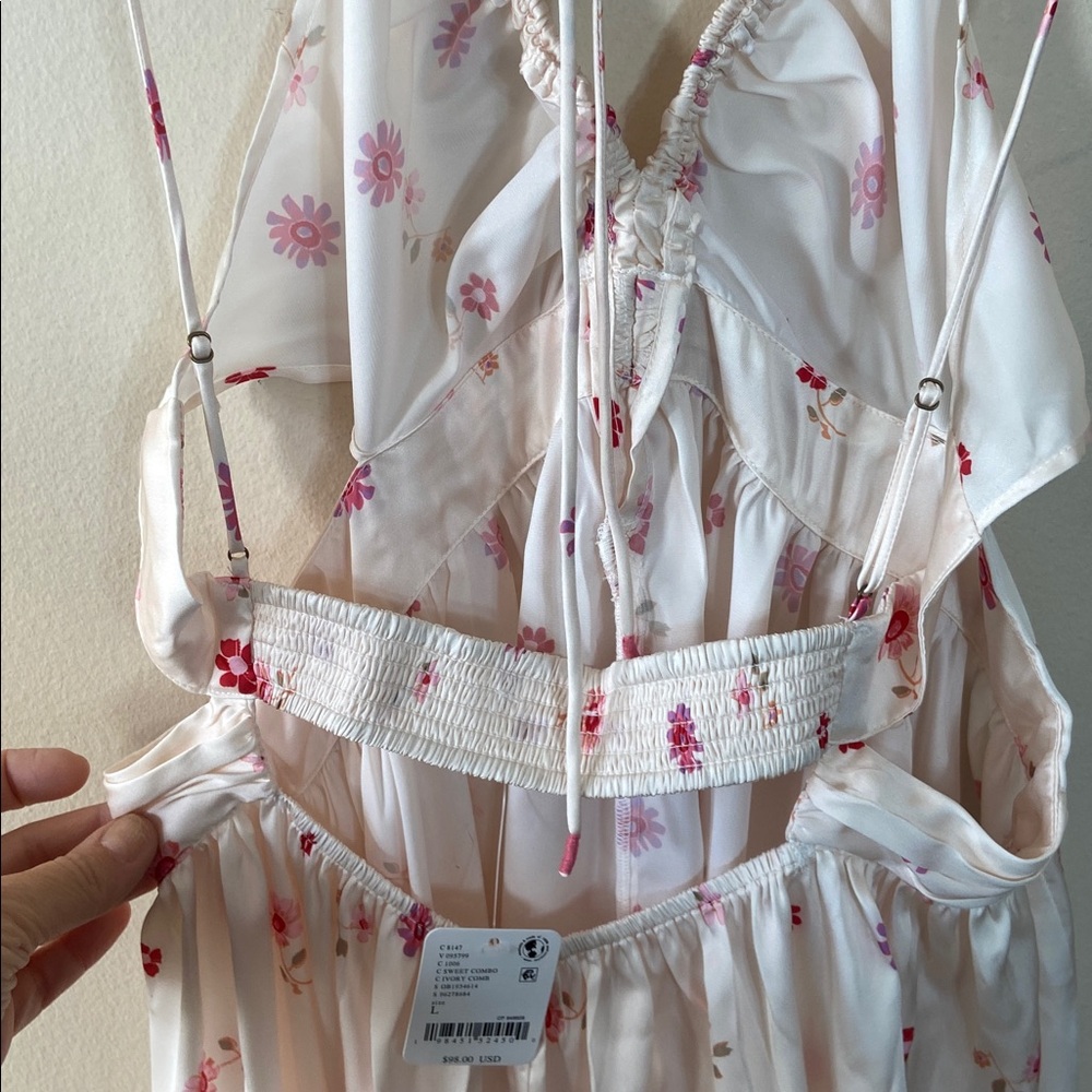 Free People Oasis Placed Floral Mini Slip Dress Cutout Satin Pink White L New - Picture 8 of 11